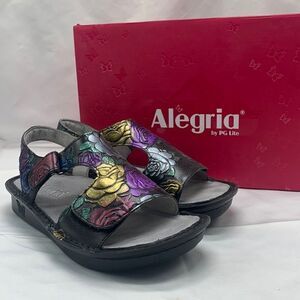 Algeria Viki Black Icy Blooms Metallic Floral Velcro Sandals Size 5-5.5